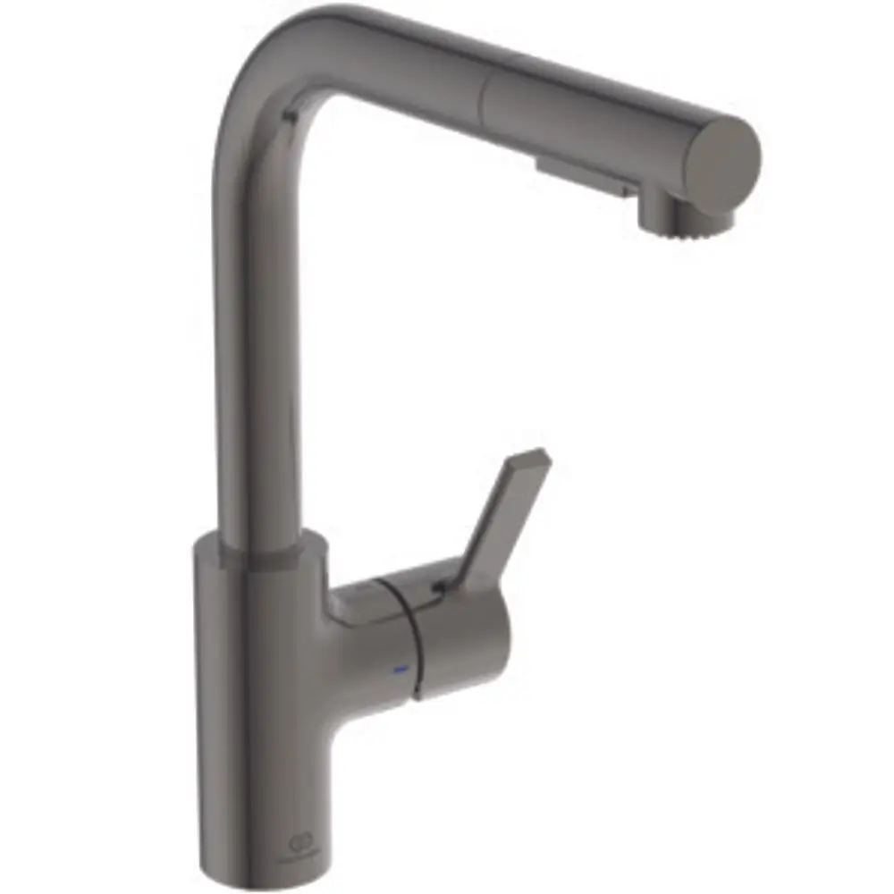 Küchenarmatur von Ideal Standard in Magnetic Grey mit schwenkbarem Auslauf und brauseähnlicher Funktion. Einhebelbedienung zur Temperatur- und Durchflussregulierung.